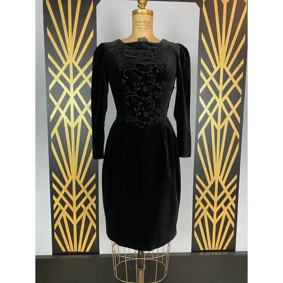 1980s black velvet embroidered Laura Ashley dress pleated puff shoulders 80s sm - Picture 1 of 10